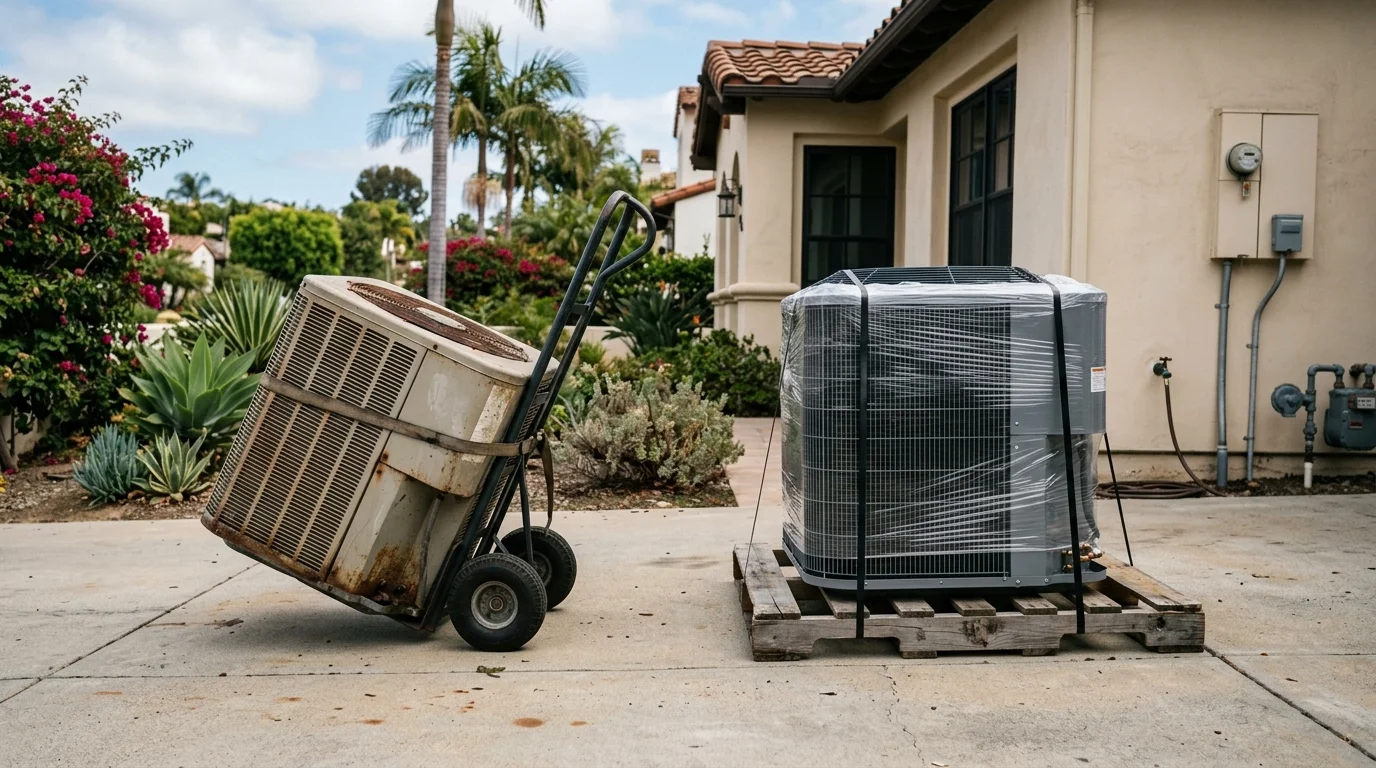 Old heat pump condenser on a hand truck beside its palletised replacement