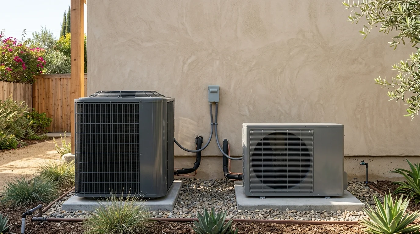 Side-discharge and top-discharge heat pump cabinets beside a stucco wall