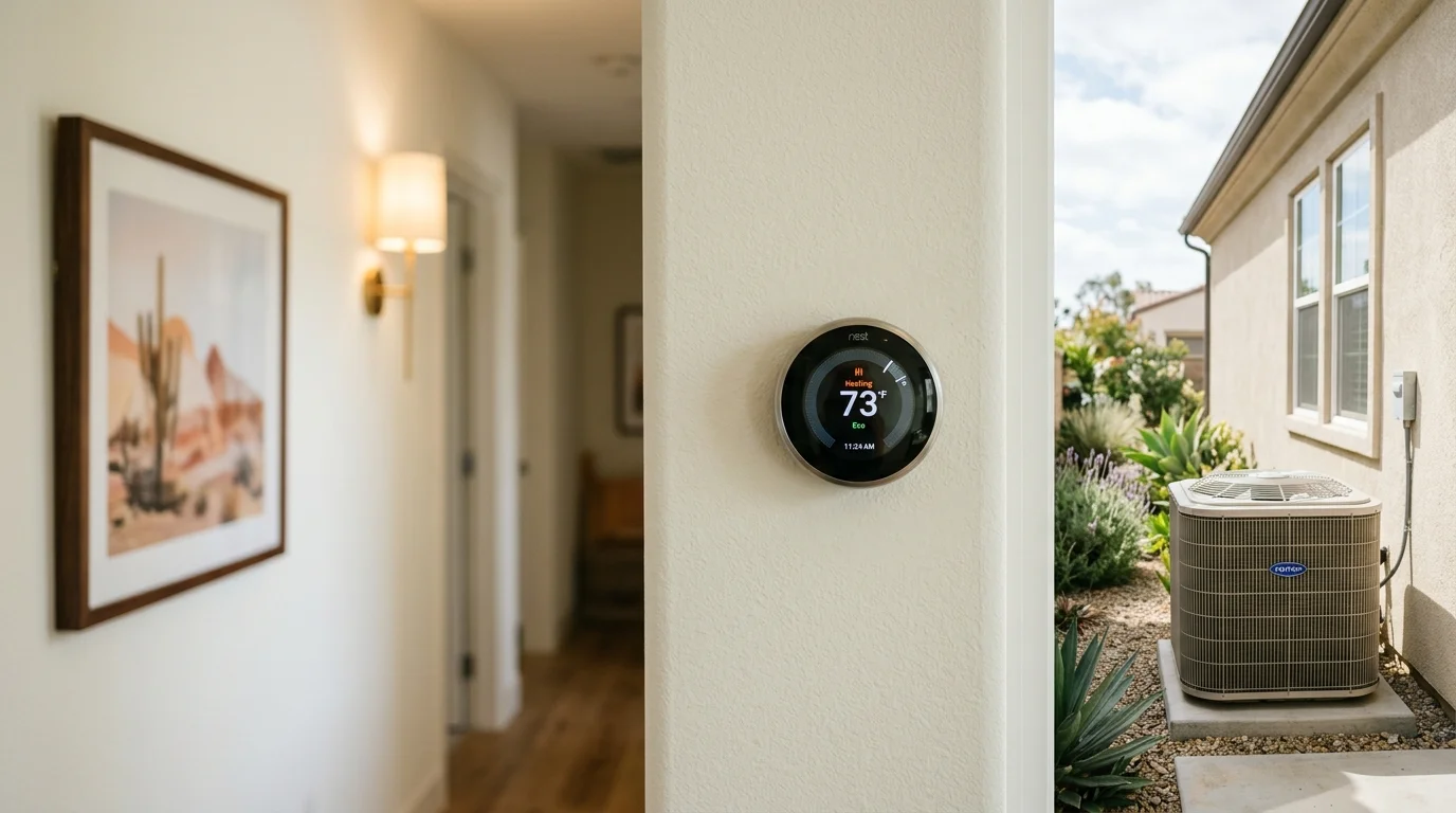 Smart thermostat mounted on an interior wall of a San Diego home
