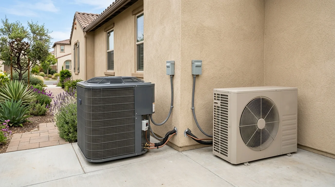 Two heat pump outdoor units beside a San Diego home