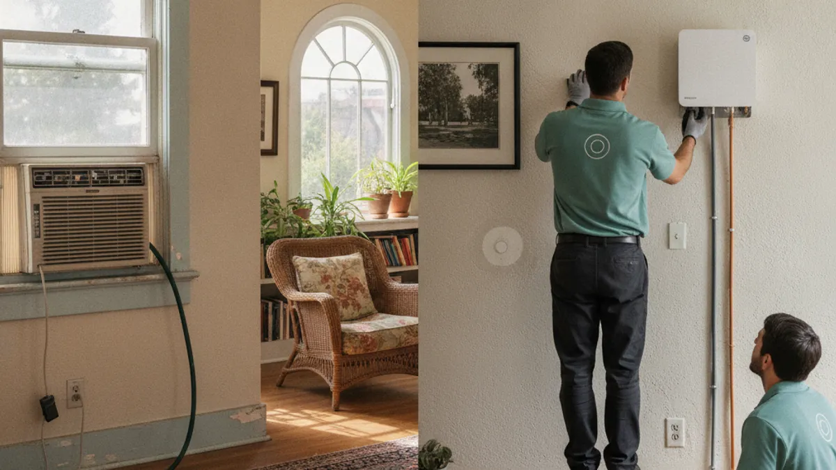 Comparison of a window air conditioner unit and a ductless mini-split head mounted in an older San Diego home