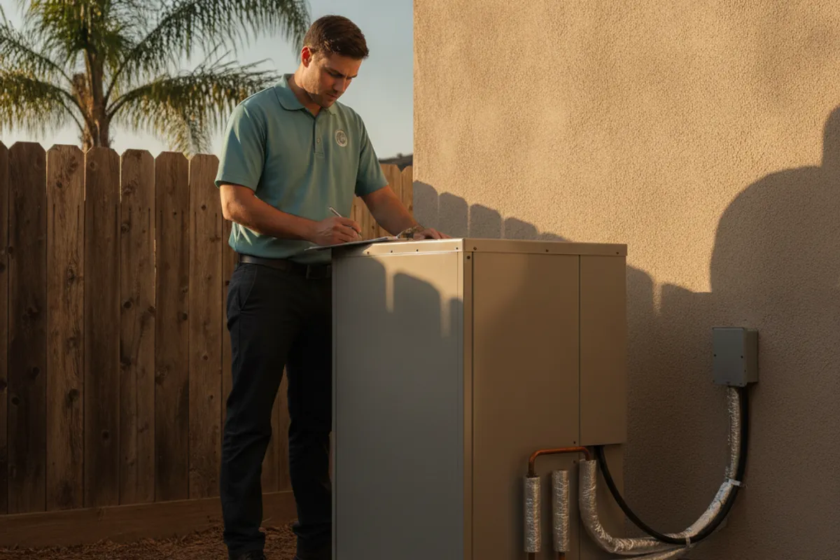 Dueño de casa y un jefe de cuadrilla de HVAC con licencia C-20 revisando planos de instalación de bomba de calor en una propiedad residencial del Condado de San Diego.