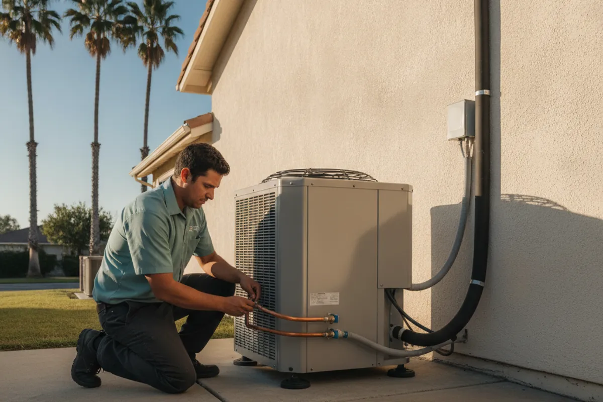 Cuadrilla de HVAC instalando una bomba de calor mini-split sin ductos en la pared exterior de una casa del Condado de San Diego.