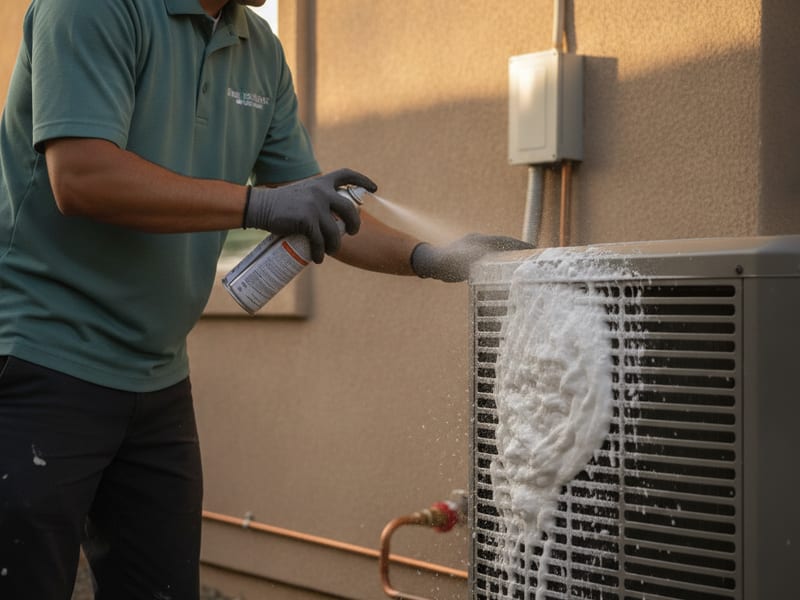 Homeowner rinsing heat pump condenser coils with a garden hose at a San Diego home