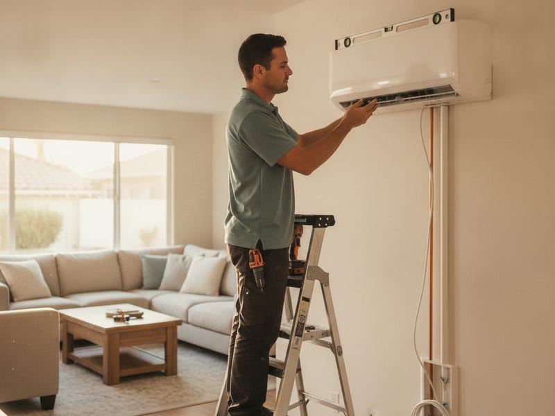 Equipo de HVAC instalando una unidad interior de mini-split sin ductos en la pared de una casa del condado de San Diego