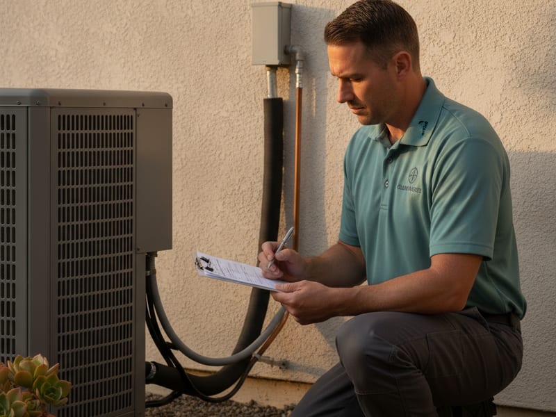 Técnico de HVAC documentando la condición de la bobina del condensador de una bomba de calor durante una inspección previa a la compra en una casa del condado de San Diego