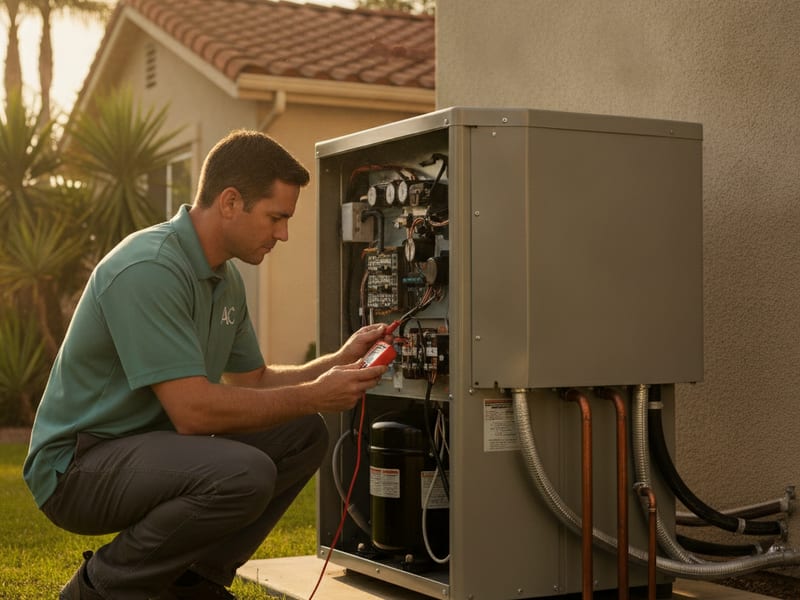 Técnico de HVAC diagnosticando una falla de compresor en una unidad exterior de bomba de calor en una casa del condado de San Diego
