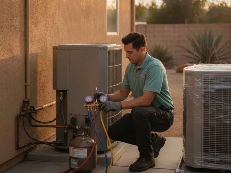 Equipo de HVAC retirando una unidad condensadora de bomba de calor vieja junto a una casa del condado de San Diego antes de instalar un sistema nuevo