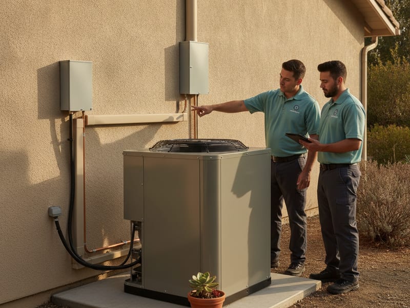 Instalación de sistema híbrido de doble combustible mostrando el condensador exterior de bomba de calor y el manejador de aire del horno de gas interior en una casa del condado de San Diego