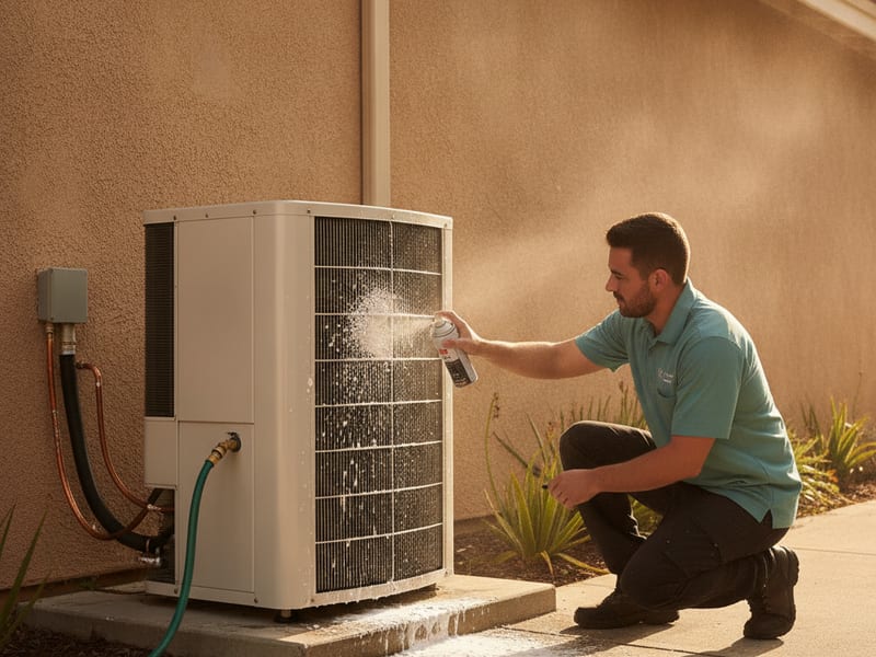Técnico de HVAC limpiando las bobinas del condensador exterior de una bomba de calor en una propiedad residencial del condado de San Diego durante el mantenimiento anual