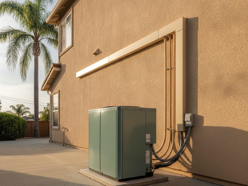 Instalación de sistema multizona de bomba de calor mostrando el condensador exterior con varias líneas de refrigerante corriendo hacia unidades interiores en una casa del condado de San Diego