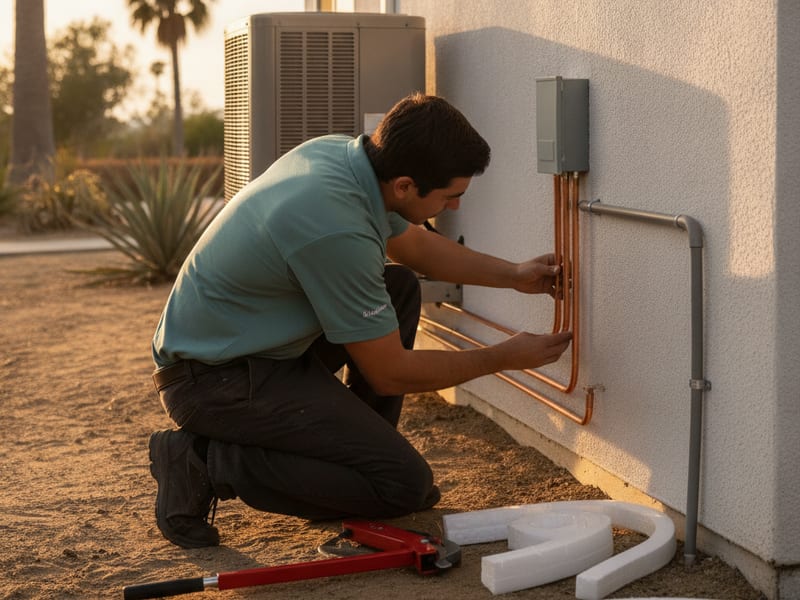 Homeowner inspecting copper refrigerant line insulation on the exterior wall of a San Diego home