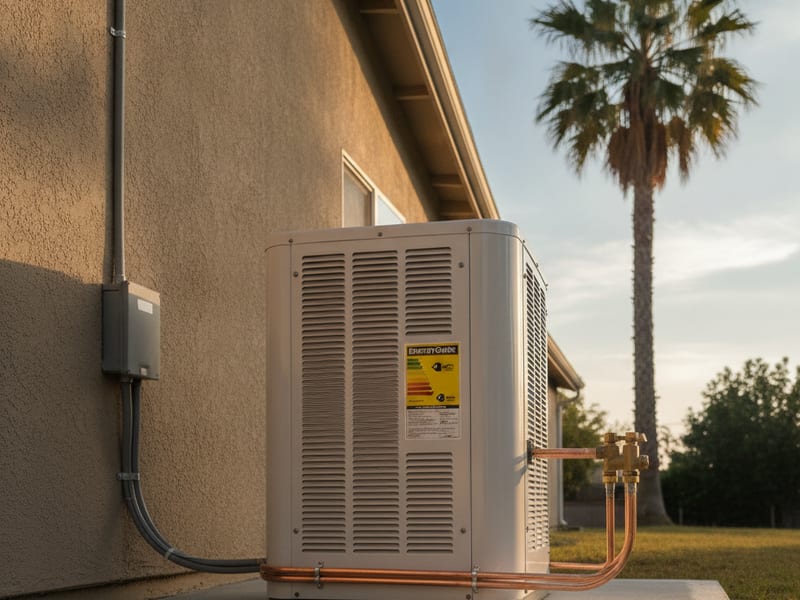 Condensador de bomba de calor de alta eficiencia con etiqueta de clasificación SEER2 siendo instalado en una casa del condado de San Diego